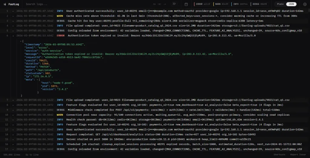 FastLog Viewer — local log file viewer with indexed search, JSON expansion, and log level filtering